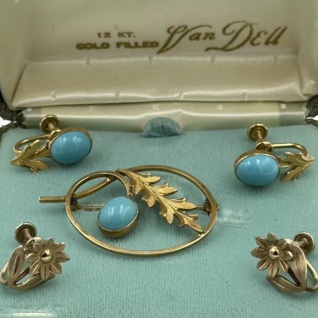 Vintage 12 KT Gold Filled Van Dell Turquoise Flower Leaf Brooch Pin Earrings