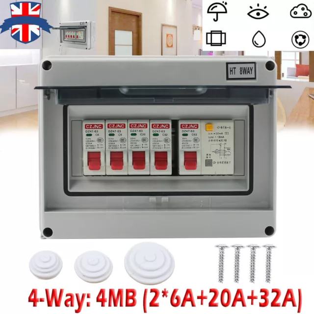 4 Way Consumer Unit fuse box 4 MCB Circuit Breakers Isolator Shed Garage Caravan