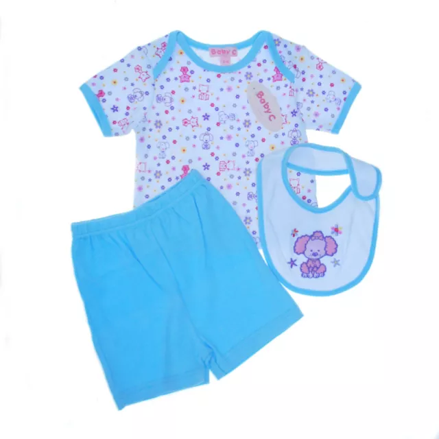 Baby Girls 3pc Summer Aqua Top Short & Bib set, 0/3,3/6 6/9 months