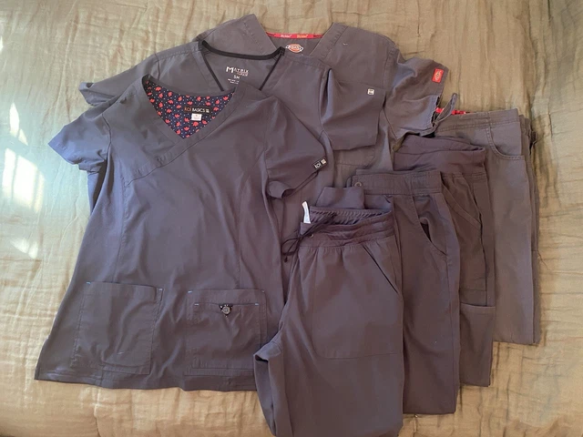 Gray Women’s Ladies Scrubs 3 Tops 4 Bottoms Pants Lot Of 7 Size S XS