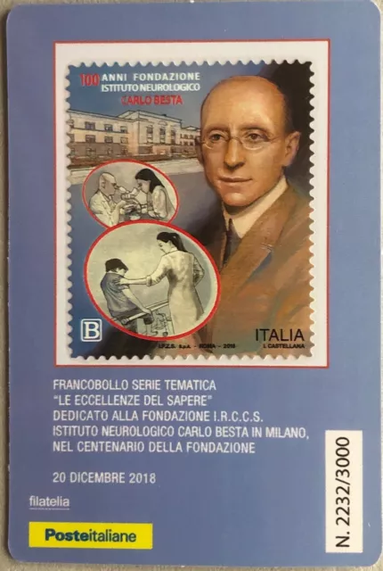 Italia 2018 Irccs Istituto Carlo Besta Tessera Filatelica Francobollo