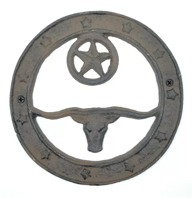 Texas Star Longhorn Steer Wall Plaque Cast Iron Western Rustic Metal Decor