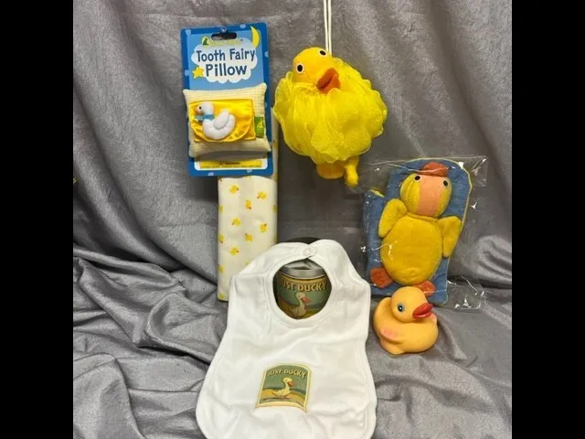 Wholesale Lot Of 6 New Yellow Baby Items - Ducks, Bib, Blanket, Bath Mitt, Pouf