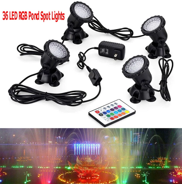 Set 4 Submersible 36 LED RGB Pond Spot Lights Underwater Pool Fountain + Remote
