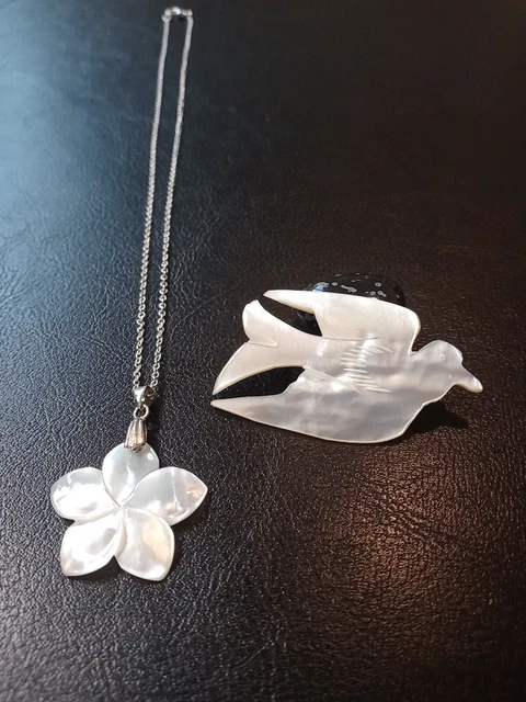 Mother Of Pearl Pendant Necklace and Holy Land Dove Brooch Jerusalem Set