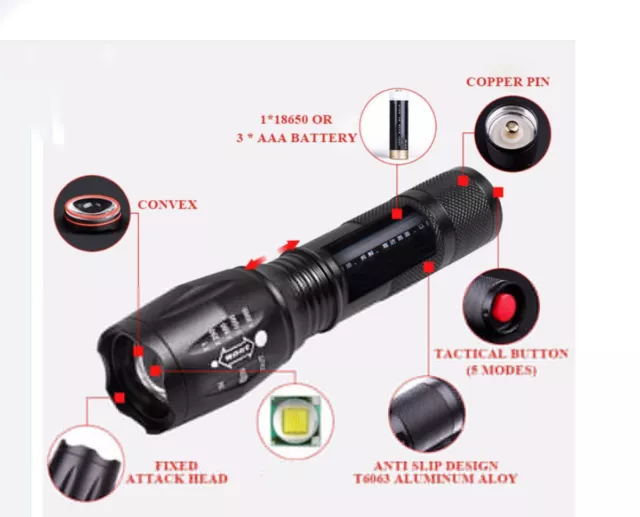 Two (2) Tactical CREE TC1200 Led Flashlight CREE XML Torch 2000LM