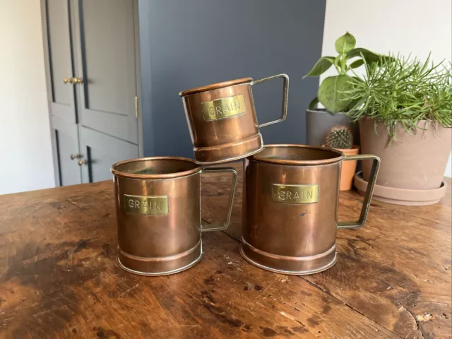 Set 3 X Old Vintage Graduated Copper Grain Measuring Cups - Jug - Planter