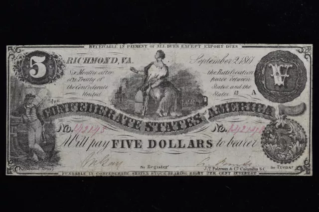 1861 $5 Confederate States Of America ✪ Vf Very Fine ✪ Richmond 143 ◢Trusted◣