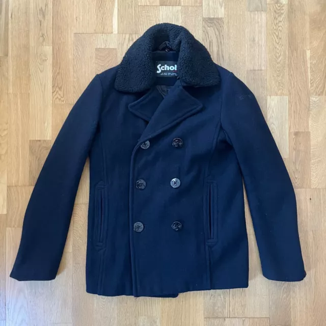 Mens Schott NYC Pea Coat with Detachable Shearling Collar Size M