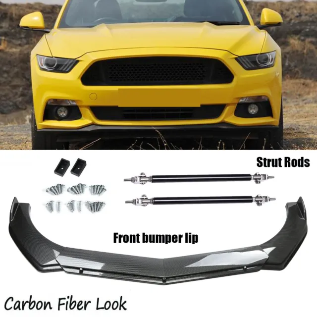 Car Front Bumper Lip Splitter Spoiler Carbon Fiber +Strut Rods For Ford Mustang