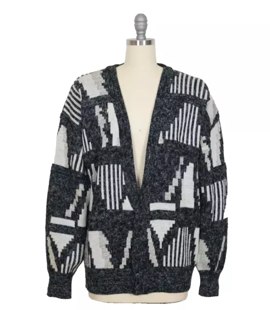Vintage Oversized Grey White Aztec Tribal Textured Vneck Cardigan Sweater Size L