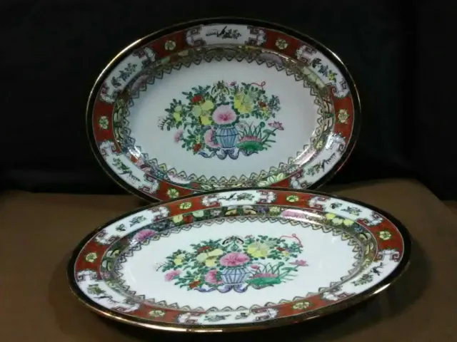 (2)Lovely Vtg.Zhongguo Zhi Zao Chinese Porcelain Hand Deco.Floral Oval Platters