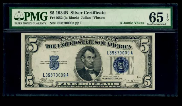 $5 - 1934B - Fr-1652 - Silver Certificate Note - PMG 65 Gem UNC EPQ