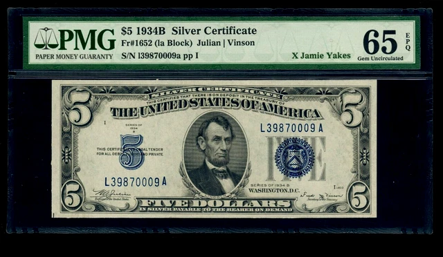 $5 - 1934B - Fr-1652 - Silver Certificate Note - PMG 65 Gem UNC EPQ