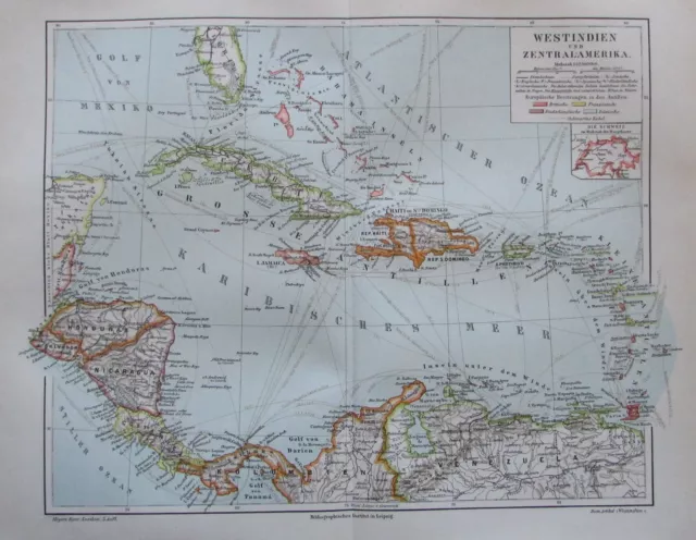 1897 Westindien und Zentralmerika - Lithografie alte Landkarte old map