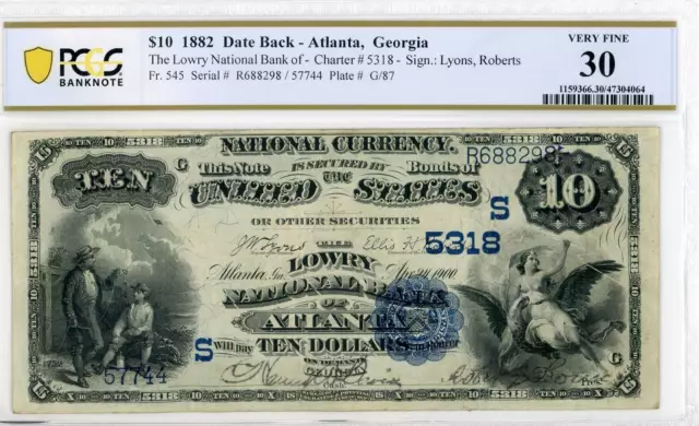 NobleSpirit No Reserve Fr 545 1882 $10 The Lowry NB of 5318 Date Back PCGS VF 30