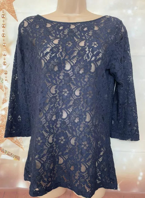 OASIS M/12 Vgc Navy Blue Floral Lace 3/4 Sleeve Party Top