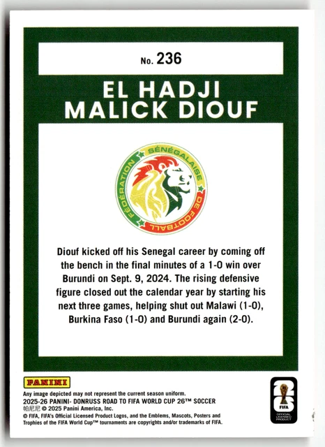 PANINI 2025-26 DONRUSS World Cup No. 236 El Hadji Malick Diouf Rookie ...