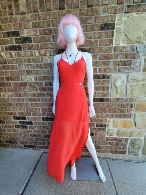 lush coral red long dress spaghetti straps side cut outs size small