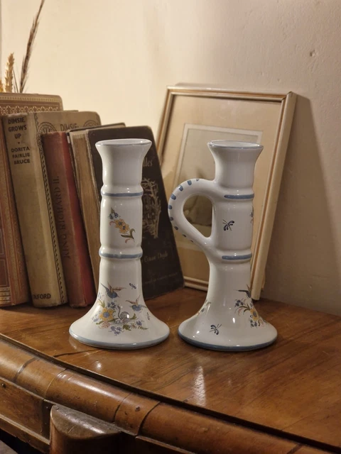 Pair of Poterie a la Chapelle des Pots Hand Painted Birds Handled Candlesticks