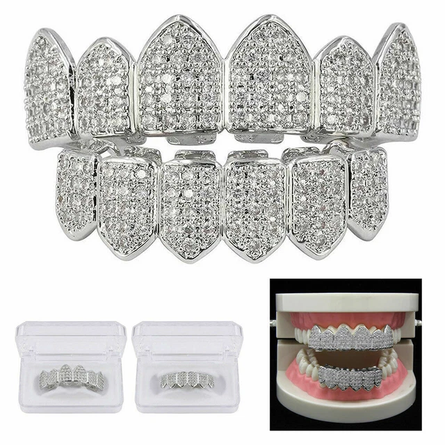 Versilberte Bling Bling Kubikzirkonia-Ober- und Unterseite Grillz-Mundzähne