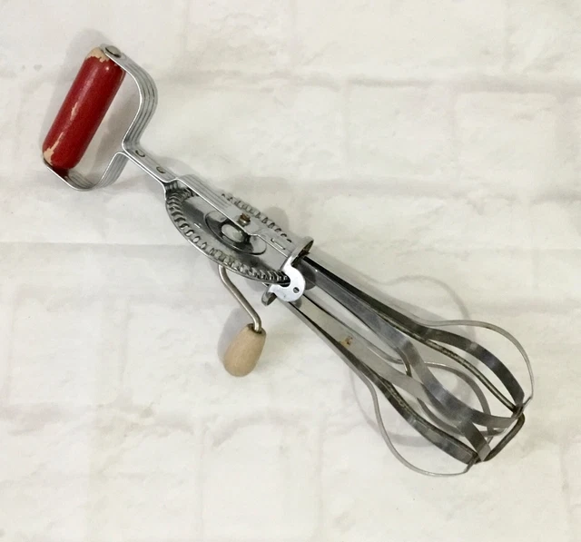 Vintage Ekco Egg Beater Red Wood Handle Hand Crank Stainless Steel