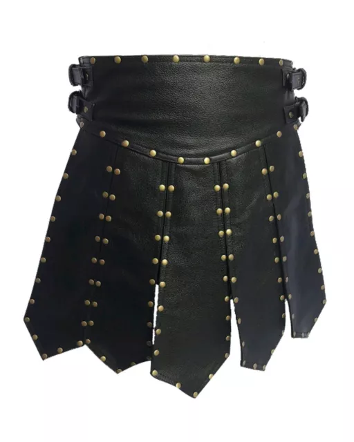 Mens Black Leather Scottish Kilt Warrior Traditional Gothic Victorian Kilt LARP