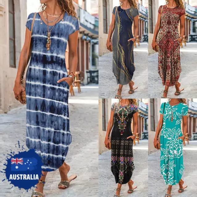 AU Women Summer Boho Beach Maxi Dresses Ladies Holiday Long Sundress Plus Size