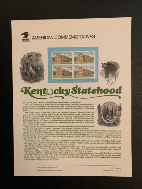1992 Scott 2636 Kentucky statehood  29c stamp panel block of 4 MNH