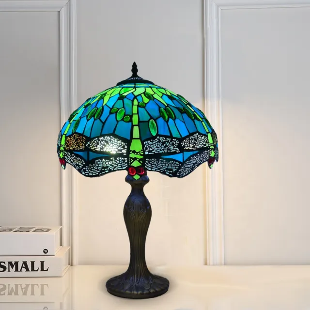 Tiffany Dragonfly Green Style 16 inch Table Lamp Stained Glass Shade Multicolor