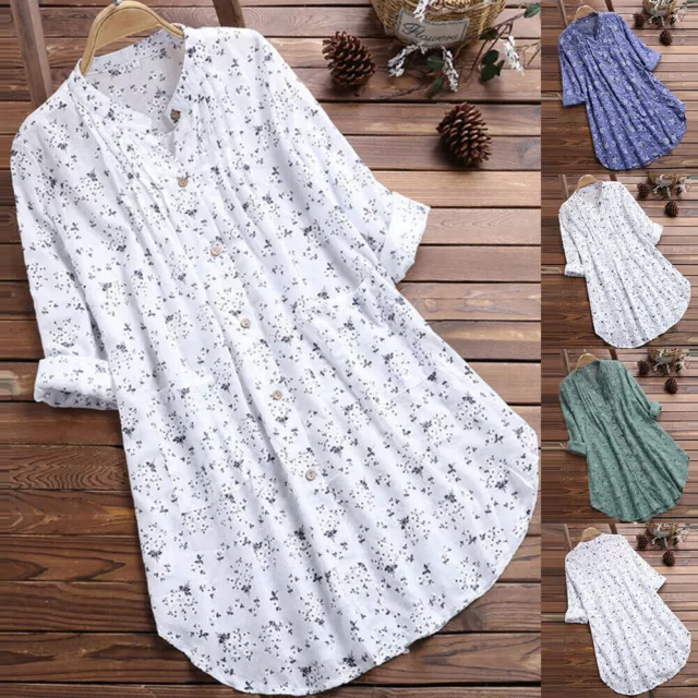 Womens Floral Baggy Button Shirts Blouse Ladies Casual Loose Tunic Top Plus Size