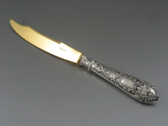 Antique French Neoclassic Sterling Silver Clad Gilded Knife, Monogrammed, Paris