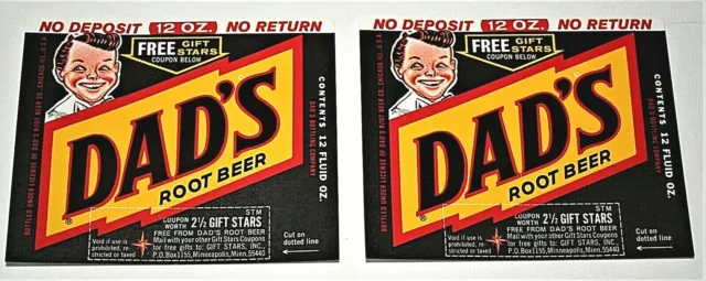 2 Dad's Root Beer Soda Soft Drink Gift Star Bottle Paper Label New NOS 1960s