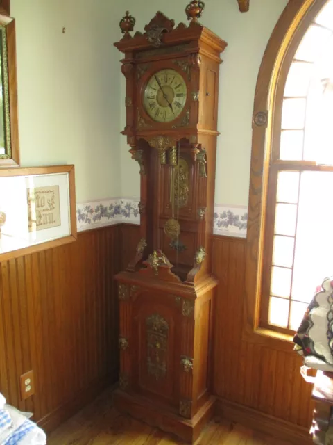 1901 Ansonia Mahogany Antique Standing Brass Trim Grandfather Floor Clock
