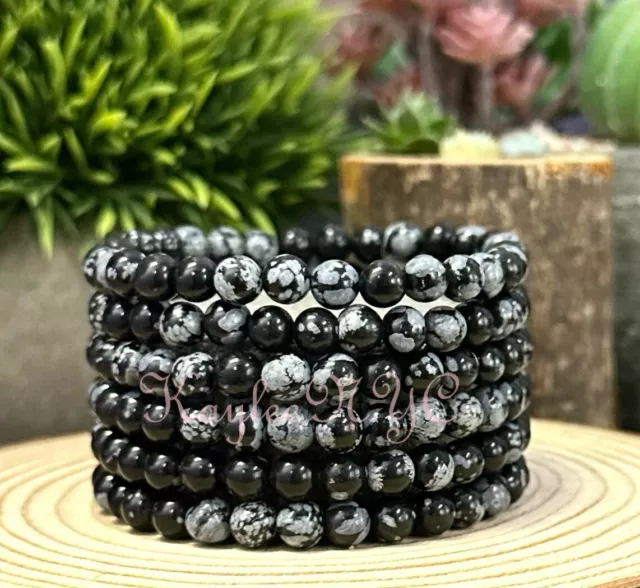 Wholesale Lot 6 Pcs Natural Snowflake Obsidian 6mm 7.5” Crystal Stretch Bracelet