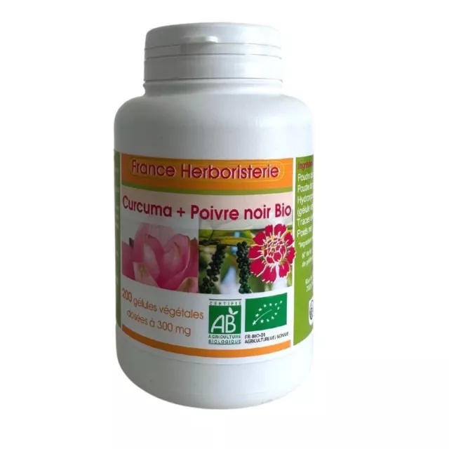 GELULES CURCUMA + POIVRE NOIR BIO 200 gélules dosées à 300mg.