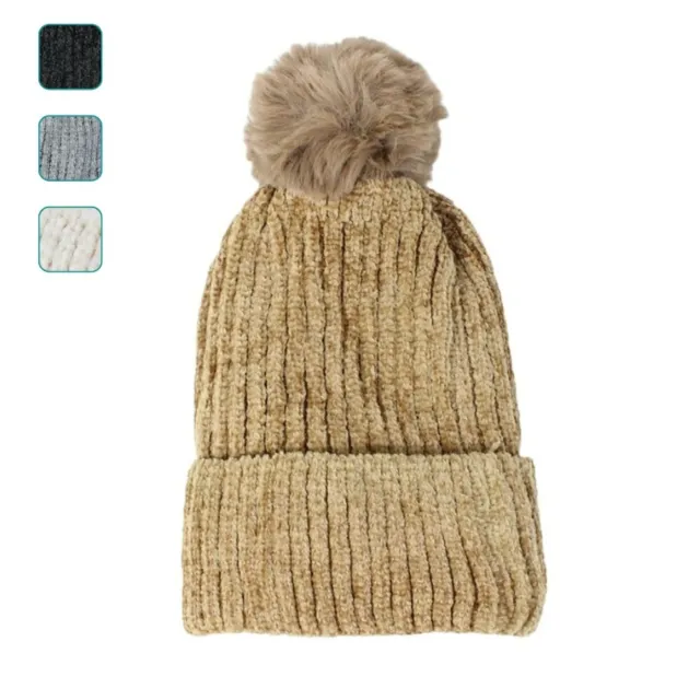 cappello donna invernale con pompon a coste lana pelliccia morbido in viscosa