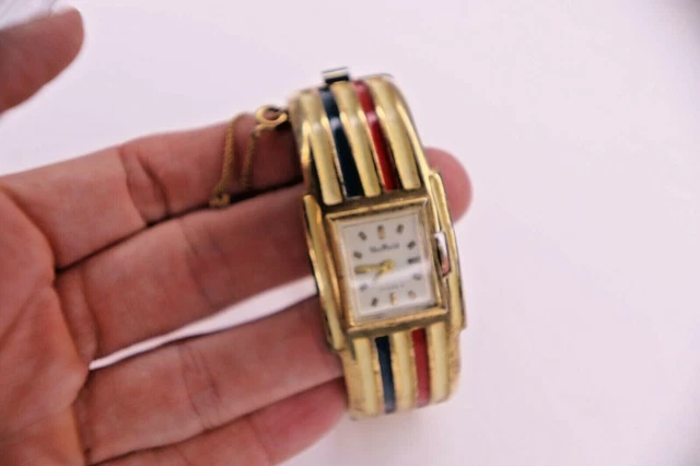 Vintage Sheffield Watch Bangle Cuff Red White Blue Stripes Safety Chain