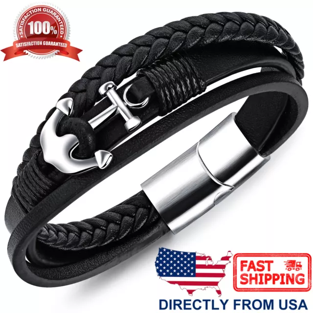 Men's Stainless Steel Anchor and Braided Black Leather Bracelet