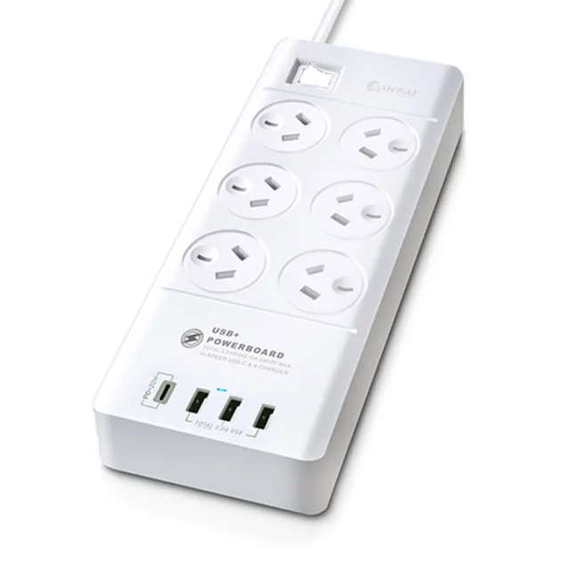 Sansai 6-Way Power Board Charger Ports Outlet Surge Protected USB-A/USB-C 2400W