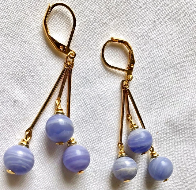 Boucles D'oreilles Pendantes Perles Millefiori Bleues En Verre - Neuf, Fermoir Dormeuse