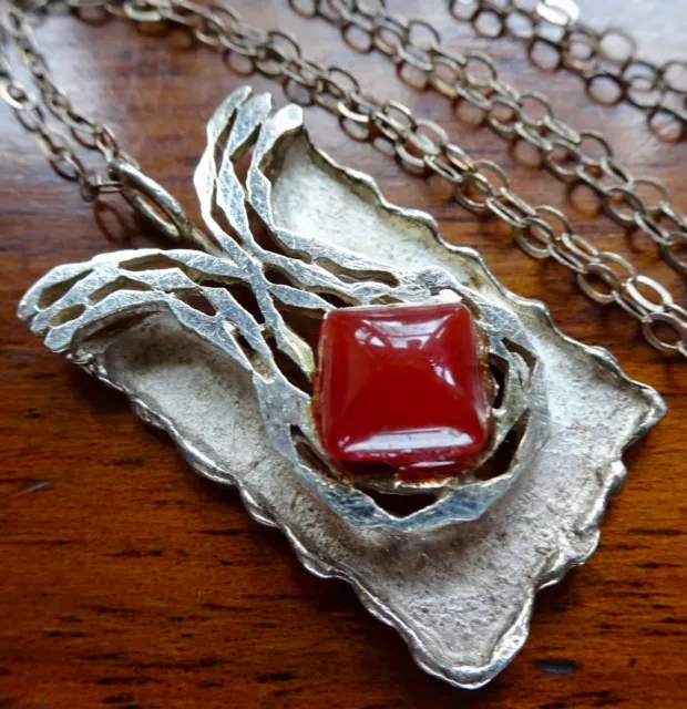 vintage 925 STERLING SILVER red glass modernist pendant chain necklace -325