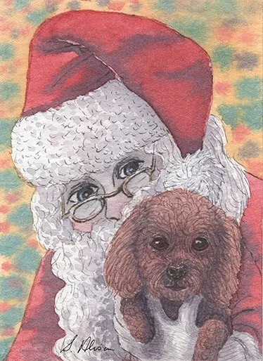 orig ACEO brown poodle dog mini painting by Susan Alison Santa's little helper