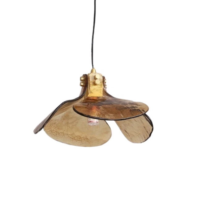 French Pendant Light Lamp Handmade Flower Glass Shade Brass Mid-century Modern