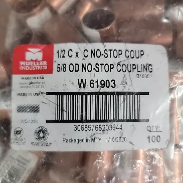 (100) Mueller 1/2in Copper Coupling No Stop Pipe W61903 Sweat Solder 5/8in OD