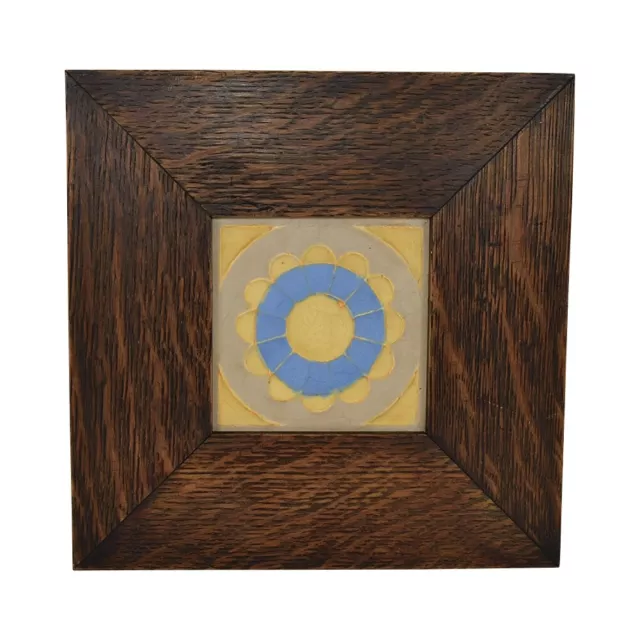 Wheatley Art Pottery Yellow And Blue Floral Rosette Arts and Crafts Framed Tile