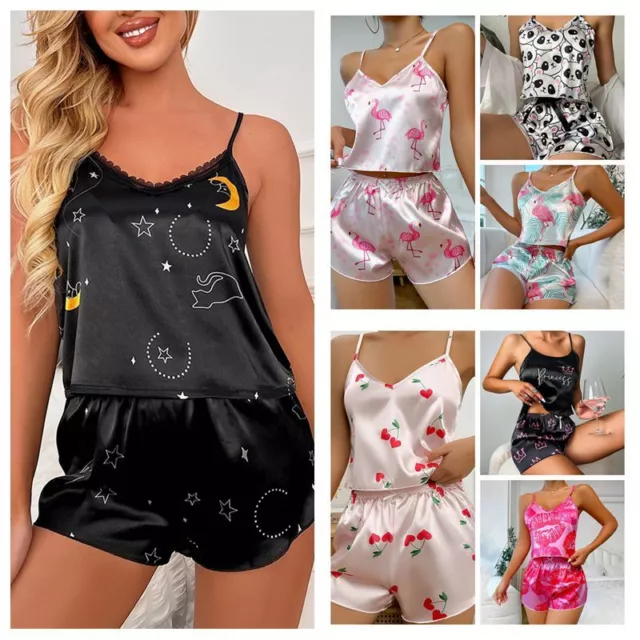 Ladies Women Satin Silk Pyjamas Set Lace Cami Vest Shorts Lingerie Sleepwear Pjs