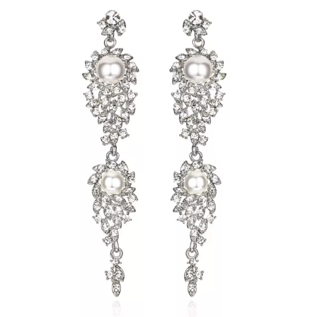 Long Pearl Silve Austrian Crystal Rhinestone Chandelier Dangle Earring Prom E105