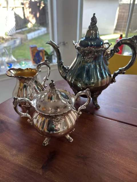 Vtg Baroque by Wallace Silverplate Coffee Pot Tea Pot Sugar & Creamer Set