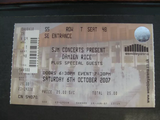 Damien Rice  Wembley  06/10/2007 Ticket Unused